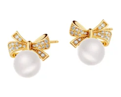 Kolczyki z mosiądzu pozłacane z cyrkoniami i perłami - kokardki