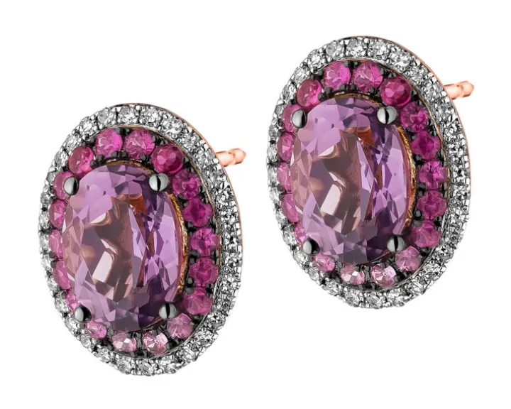 Kolczyki z różowego złota diamentami, szafirami i ametystami - próba 585