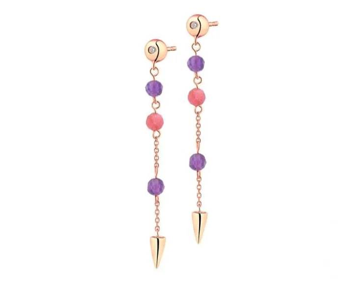 Kolczyki z różowego złota z diamentami, ametystami i turmalinami - próba 375