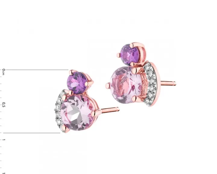 Kolczyki z różowego złota z diamentami, rodolitami i ametystami - próba 375