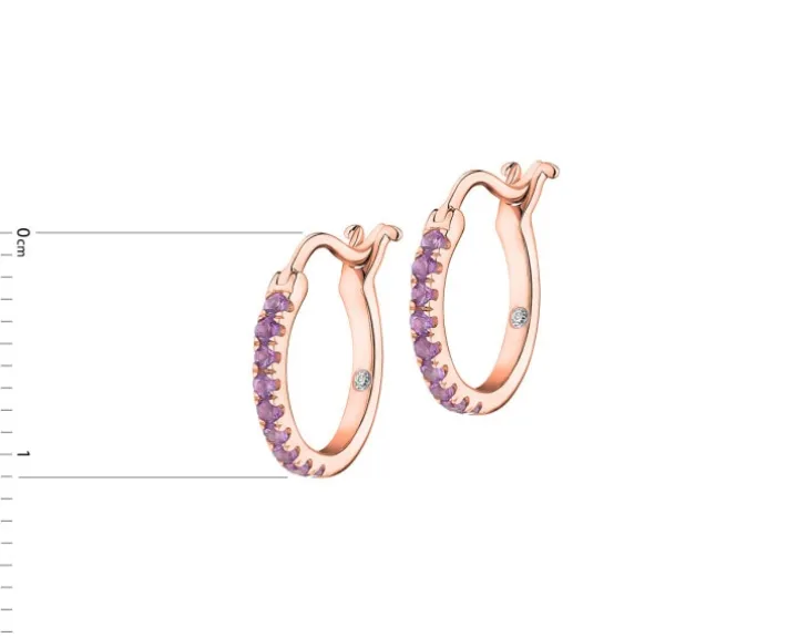 Kolczyki z różowego złota z diamentami i ametystami - koła - próba 375