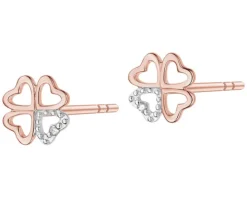 Kolczyki z różowego złota z diamentami - koniczyny, serca - 0,004 ct - próba 375