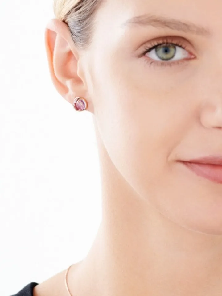 Kolczyki z różowego złota z diamentami i ametystami - liście - próba 585