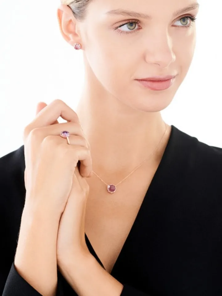 Kolczyki z różowego złota z diamentami i ametystami - liście - próba 585