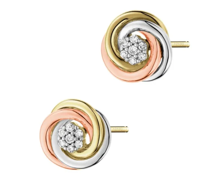 Kolczyki z żółtego, białego i różowego złota z diamentami - 0,08 ct - próba 585