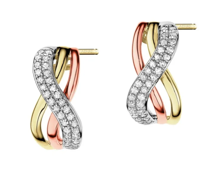 Kolczyki z żółtego, białego i różowego złota z diamentami - 0,23 ct - próba 585