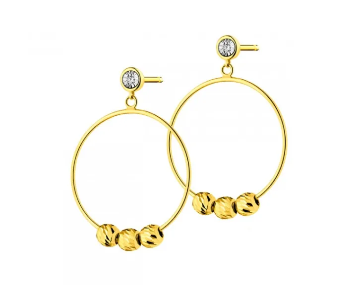 Kolczyki z żółtego i białego złota z diamentami - kółka, kulki - 0,01 ct - próba 375