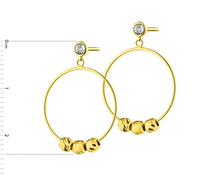 Kolczyki z żółtego i białego złota z diamentami - kółka, kulki - 0,01 ct - próba 375