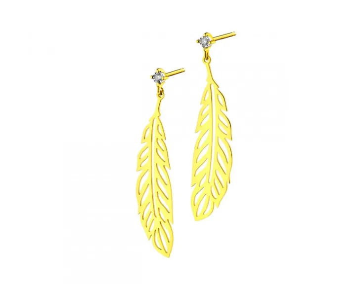 Kolczyki z żółtego i białego złota z brylantami - piórka - 0,01 ct - próba 375