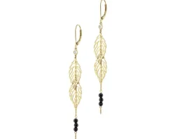 Kolczyki z żółtego i białego złota z diamentami i agatami - liście - próba 585