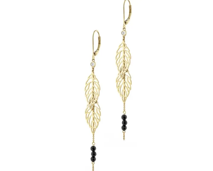 Kolczyki z żółtego i białego złota z diamentami i agatami - liście - próba 585