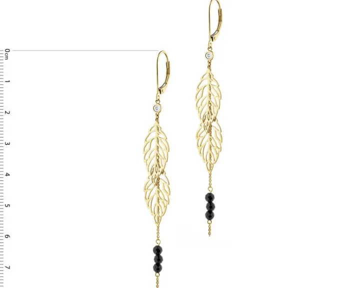 Kolczyki z żółtego i białego złota z diamentami i agatami - liście - próba 585