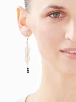 Kolczyki z żółtego i białego złota z diamentami i agatami - liście - próba 585