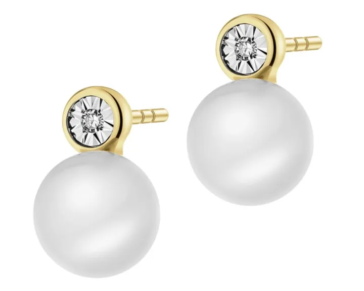 Kolczyki z żółtego i białego złota z diamentami i perłami - próba 585