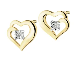 Kolczyki z żółtego i białego złota z brylantami - serca - 0,01 ct - próba 375