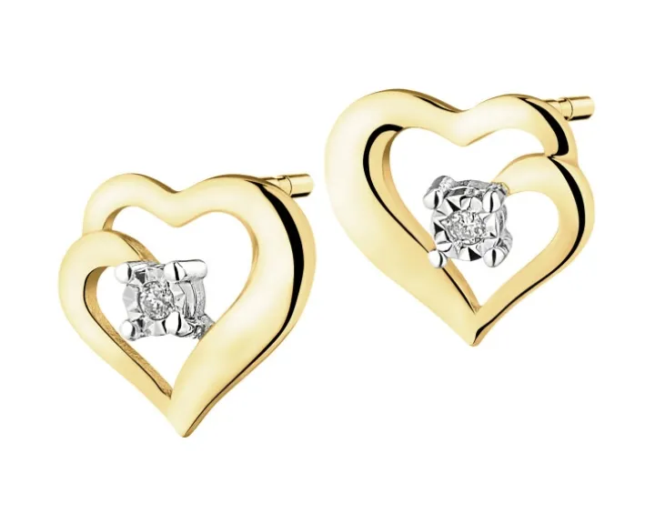 Kolczyki z żółtego i białego złota z brylantami - serca - 0,01 ct - próba 375
