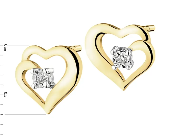 Kolczyki z żółtego i białego złota z brylantami - serca - 0,01 ct - próba 375