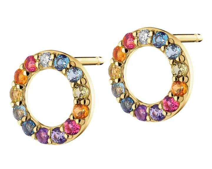 Kolczyki z żółtego złota z brylantami, kamieniami szlachetnymi i ozdobnymi - koła - próba 375