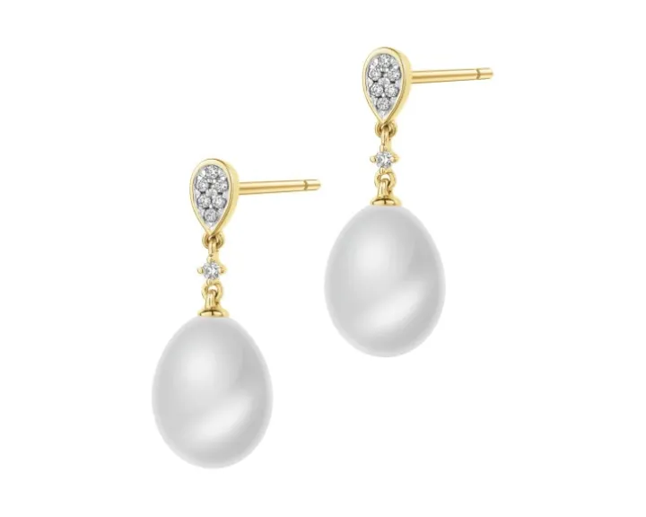 Kolczyki z żółtego złota z brylantami i perłami - próba 585