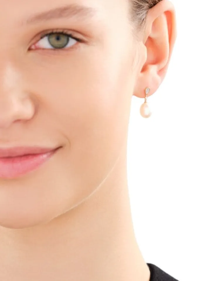 Kolczyki z żółtego złota z brylantami i perłami - próba 585