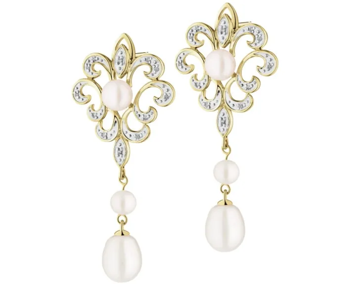 Kolczyki z żółtego złota z brylantami i perłami - próba 585