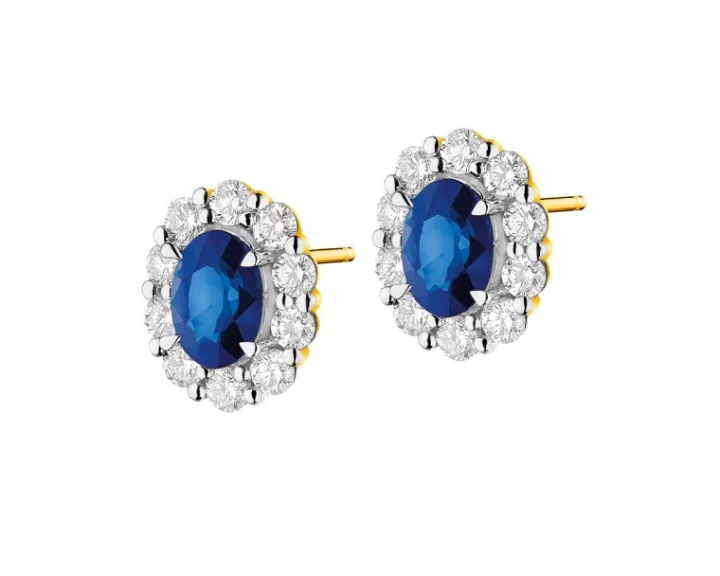 Kolczyki z żółtego złota z brylantami i szafirami - próba 585
