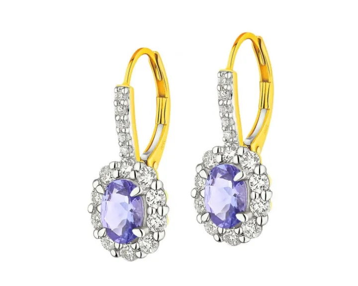 Kolczyki z żółtego złota z brylantami i tanzanitami - próba 585