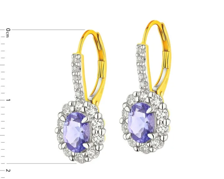 Kolczyki z żółtego złota z brylantami i tanzanitami - próba 585