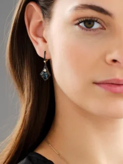 Kolczyki z żółtego złota z brylantami i topazami London Blue - próba 585