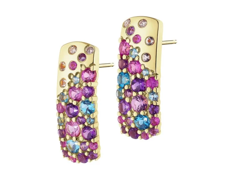 Kolczyki z żółtego złota z brylantami, kamieniami szlachetnymi i ozdobnymi - próba 585