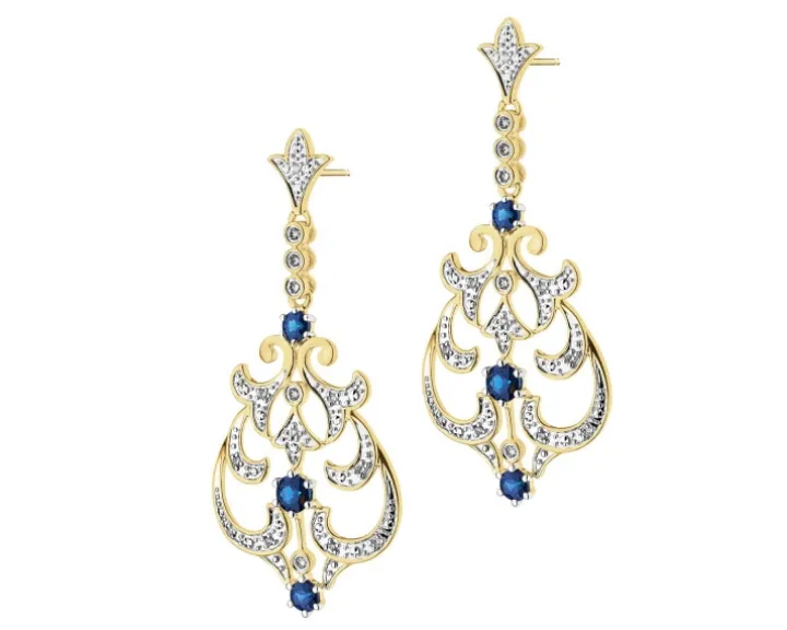 Kolczyki z żółtego złota z brylantami i szafirami - próba 585