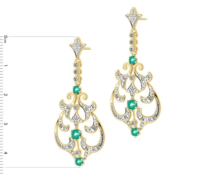 Kolczyki z żółtego złota z brylantami i szmaragdami - próba 585