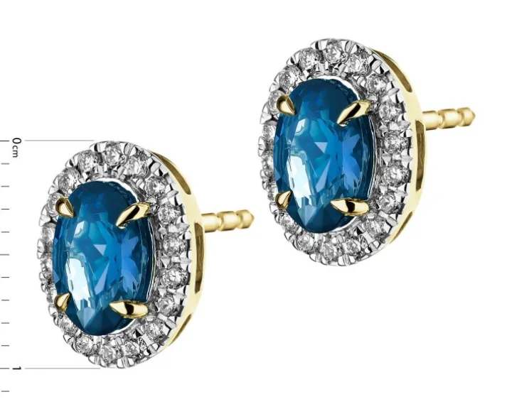 Kolczyki z żółtego złota z brylantami i topazami London Blue - próba 585