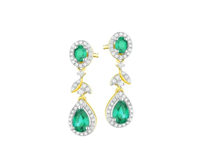 Kolczyki z żółtego złota z brylantami i szmaragdami - próba 585