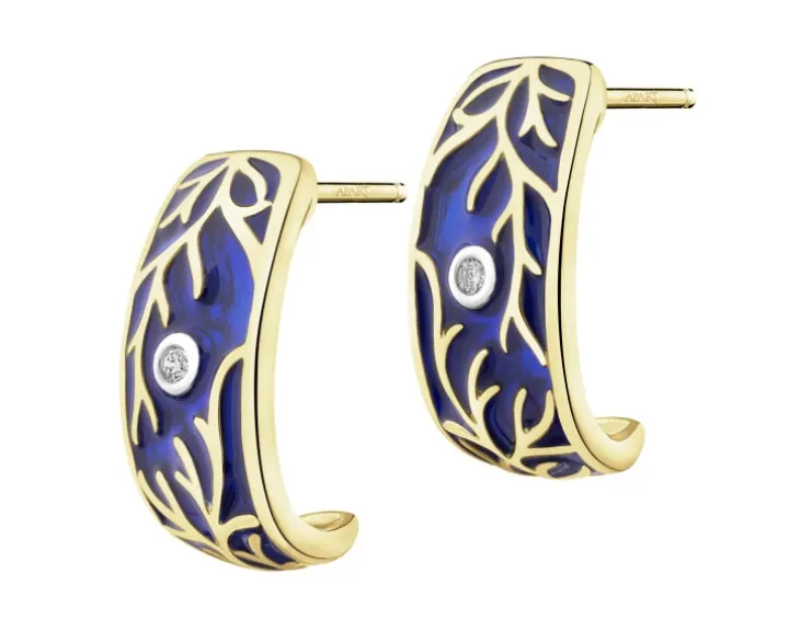 Kolczyki z żółtego złota z brylantami i emalią - 0,03 ct - próba 375