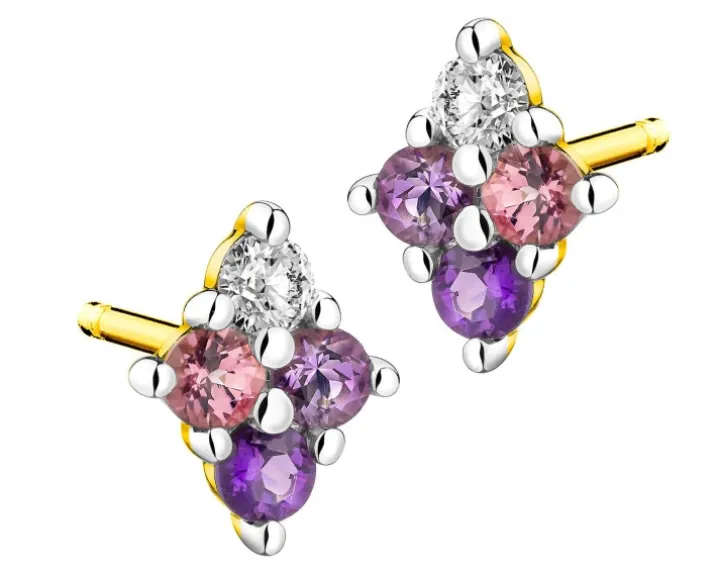 Kolczyki z żółtego złota z brylantami i kamieniami ozdobnymi - próba 585