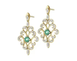 Kolczyki z żółtego złota z brylantami i szmaragdami - próba 585