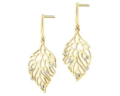 Kolczyki z żółtego złota z brylantami - liście - 0,08 ct - próba 585