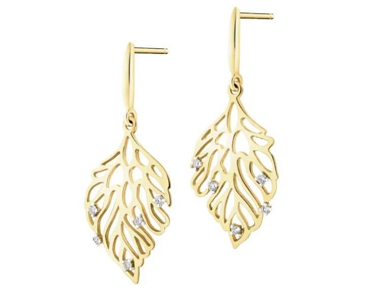 Kolczyki z żółtego złota z brylantami - liście - 0,08 ct - próba 585