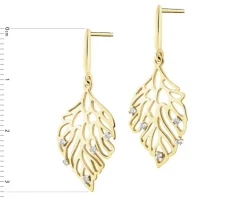 Kolczyki z żółtego złota z brylantami - liście - 0,08 ct - próba 585