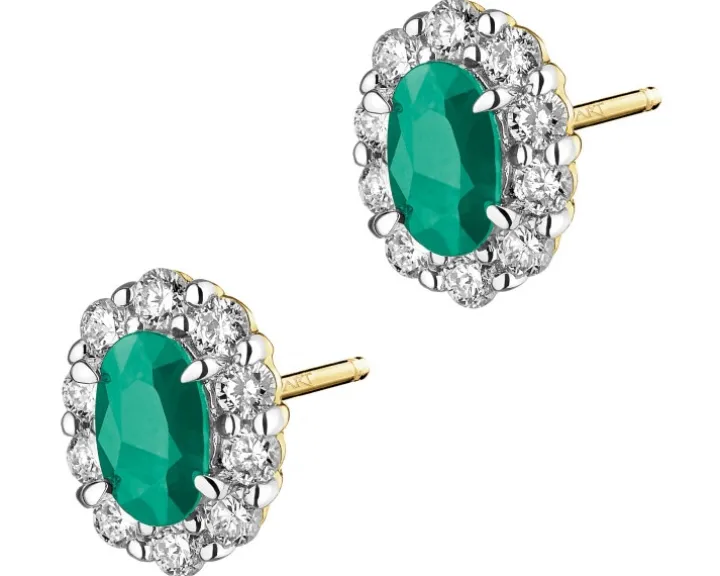 Kolczyki z żółtego złota z brylantami i szmaragdami - próba 585