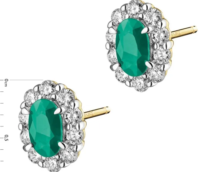 Kolczyki z żółtego złota z brylantami i szmaragdami - próba 585