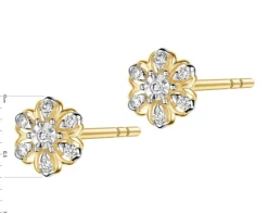 Kolczyki z żółtego złota z brylantami - kwiatki - 0,10 ct - próba 375
