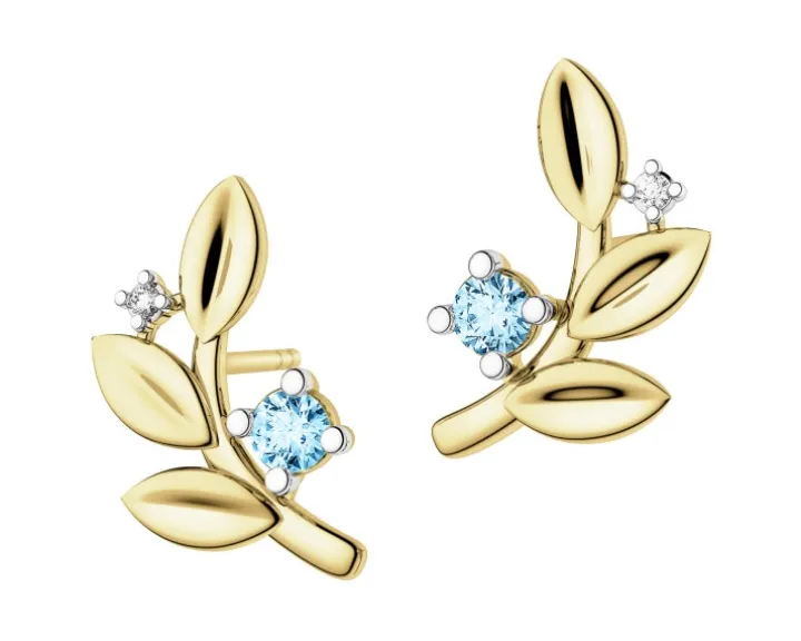 Kolczyki z żółtego złota z brylantami i topazami - liście - próba 375