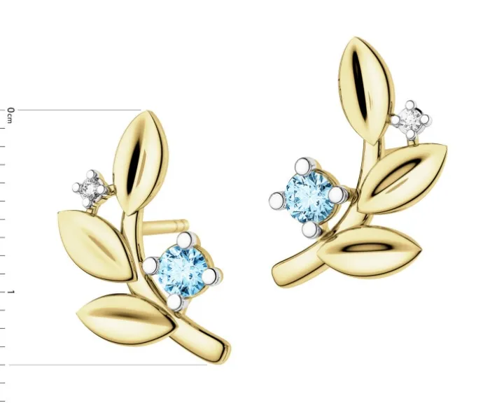Kolczyki z żółtego złota z brylantami i topazami - liście - próba 375