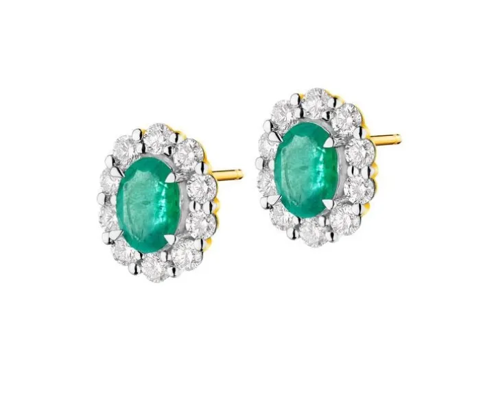 Kolczyki z żółtego złota z brylantami i szmaragdami - próba 585