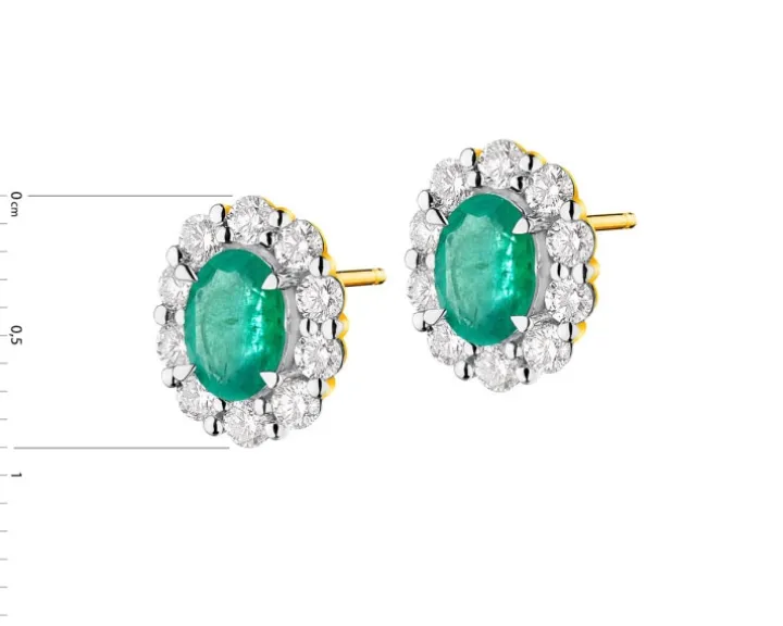 Kolczyki z żółtego złota z brylantami i szmaragdami - próba 585