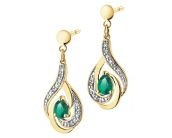Kolczyki z żółtego złota z brylantami i szmaragdami syntetycznymi - próba 585