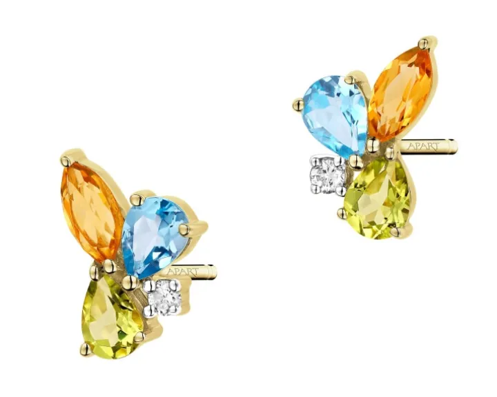 Kolczyki z żółtego złota z brylantami i kamieniami ozdobnymi - próba 375