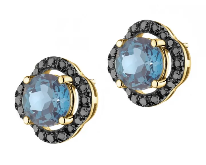 Kolczyki z żółtego złota z czarnymi brylantami i topazami London Blue - próba 585